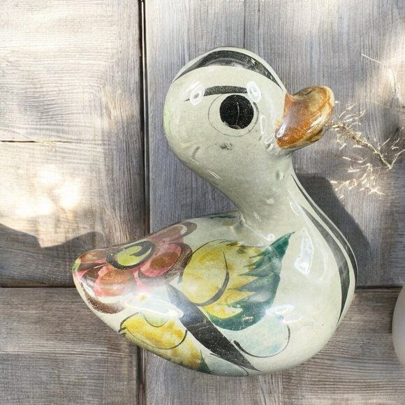 Vintage Mexico Pottery Tonala Hand Painted Duck Bird Figurine Marked Whimsical - Picture 1 of 13